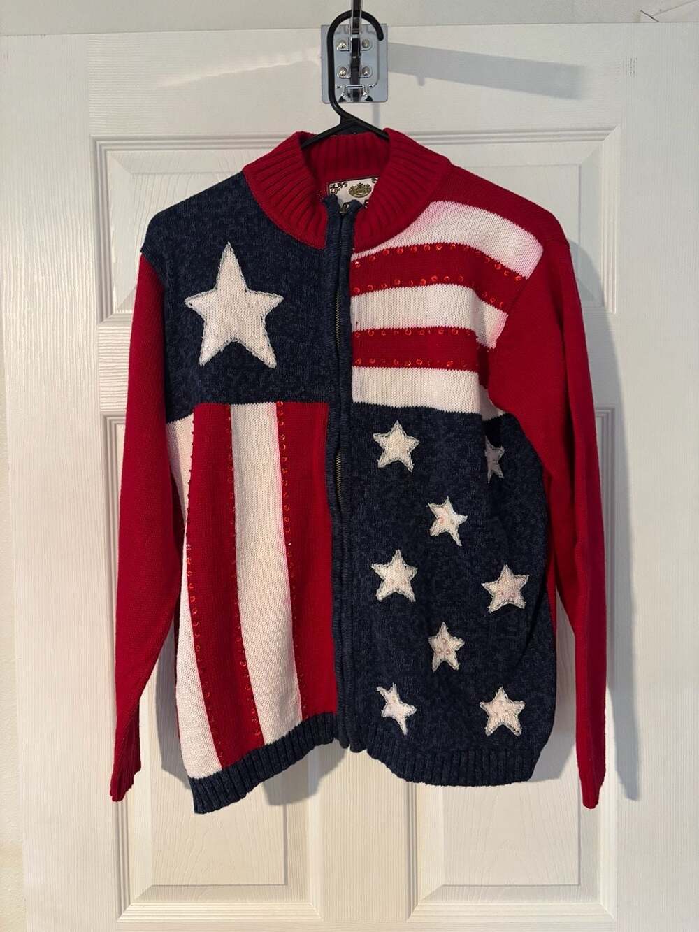 Tiara International VTG Patriotic American Flag Zip-Up Cardigan Sweater Sz S